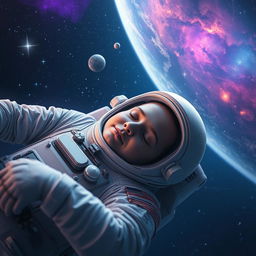 An astronaut peacefully sleeping in the tranquility of space, surrounded by twinkling stars and colorful nebulas