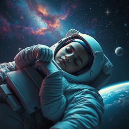 An astronaut peacefully sleeping in the tranquility of space, surrounded by twinkling stars and colorful nebulas