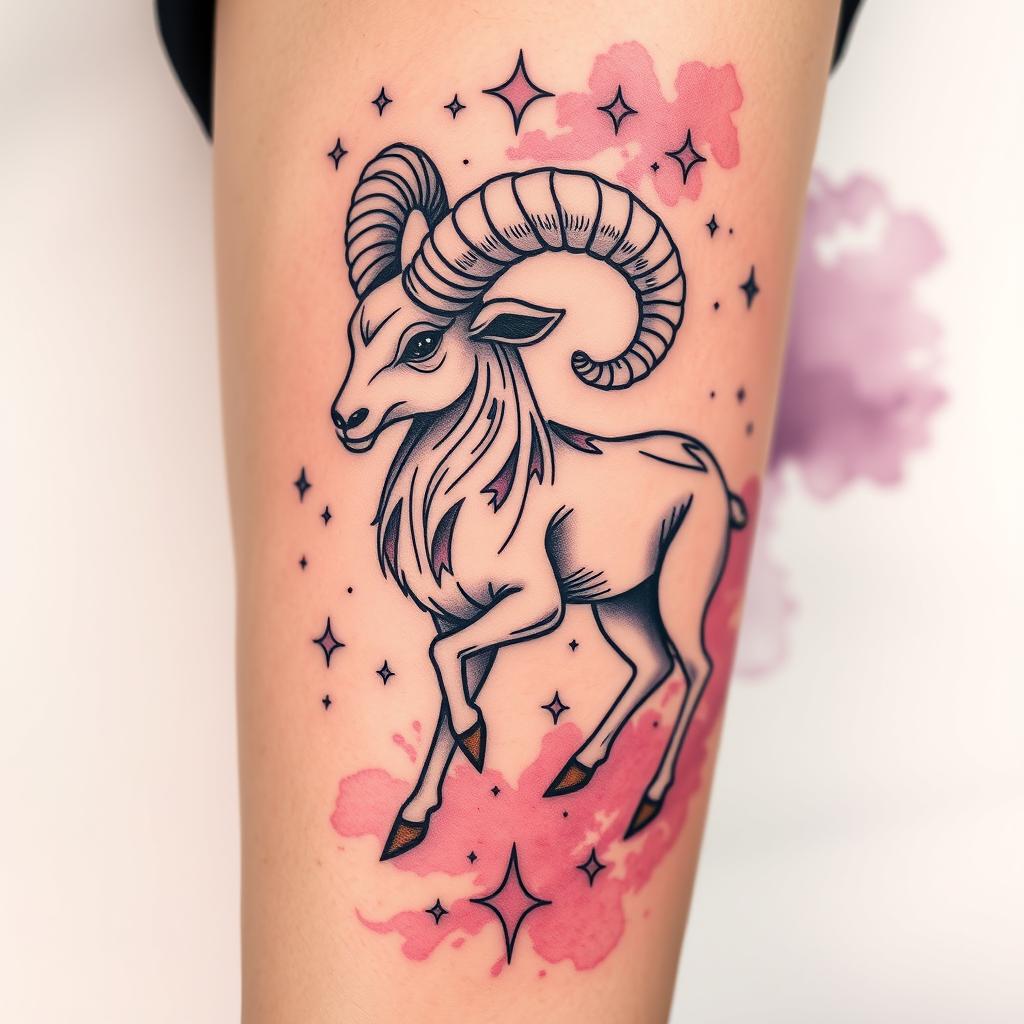 A beautifully detailed Aries constellation tattoo design featuring the ram, depicted with intricate line work and celestial elements like stars and galaxies surrounding it