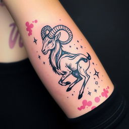 A beautifully detailed Aries constellation tattoo design featuring the ram, depicted with intricate line work and celestial elements like stars and galaxies surrounding it