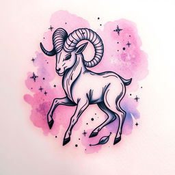 A beautifully detailed Aries constellation tattoo design featuring the ram, depicted with intricate line work and celestial elements like stars and galaxies surrounding it