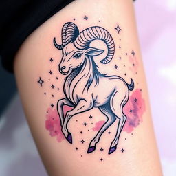 A beautifully detailed Aries constellation tattoo design featuring the ram, depicted with intricate line work and celestial elements like stars and galaxies surrounding it