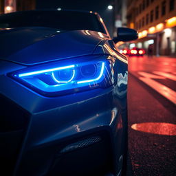 A sleek, modern car with enhanced darkened headlights showcasing a vibrant blue glow