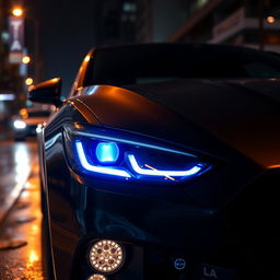 A sleek, modern car with enhanced darkened headlights showcasing a vibrant blue glow