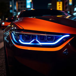 A sleek, modern car with enhanced darkened headlights showcasing a vibrant blue glow
