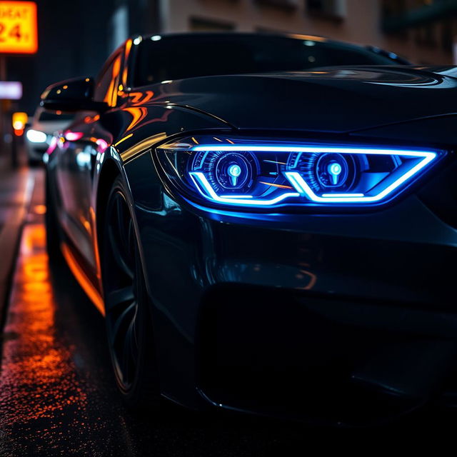 A sleek, modern car with enhanced darkened headlights showcasing a vibrant blue glow