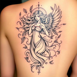 A beautifully intricate tattoo design featuring the goddess of the air, depicted as a majestic female figure with flowing hair and ethereal wings
