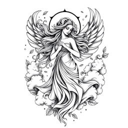 A beautifully intricate tattoo design featuring the goddess of the air, depicted as a majestic female figure with flowing hair and ethereal wings