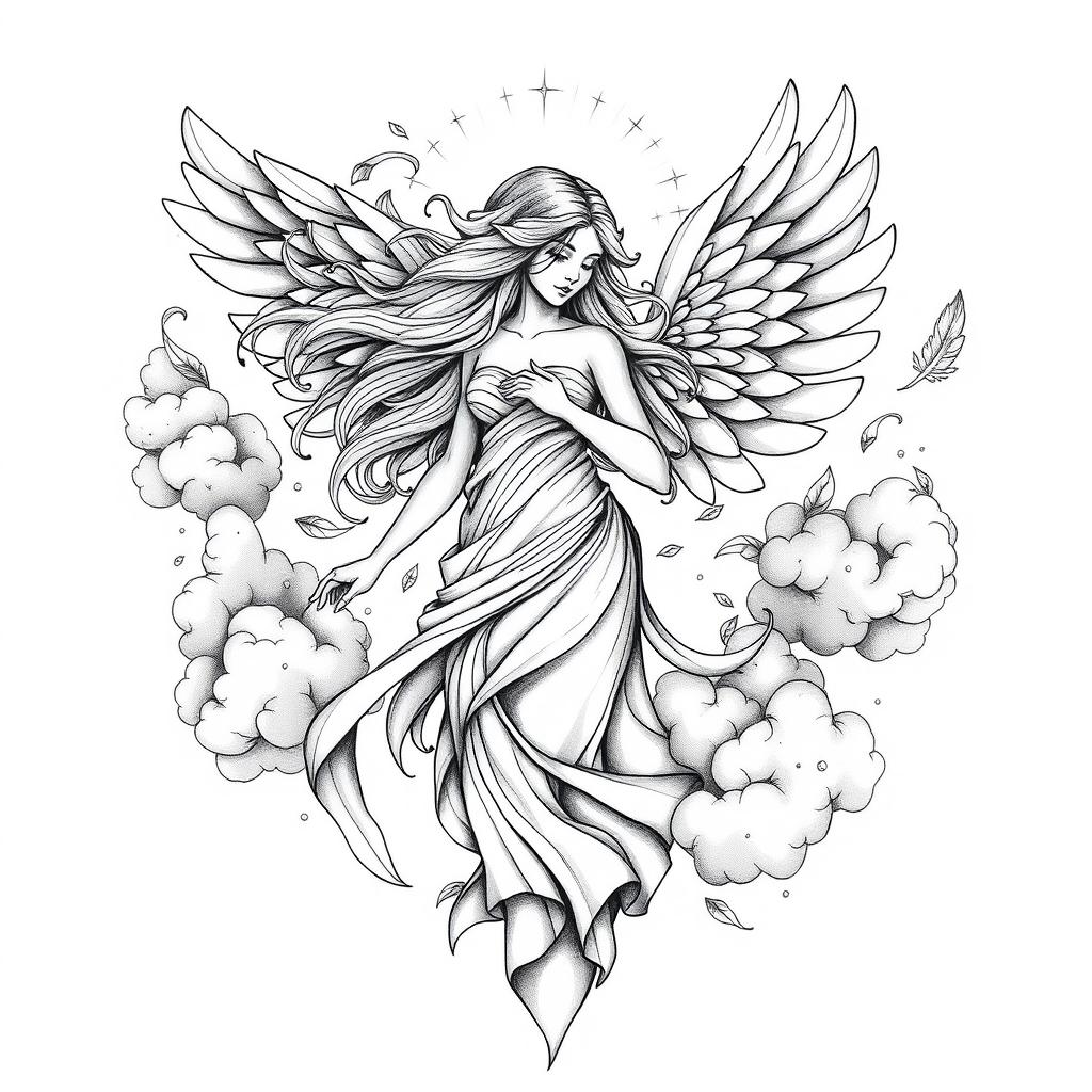 A beautifully intricate tattoo design featuring the goddess of the air, depicted as a majestic female figure with flowing hair and ethereal wings