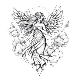 A beautifully intricate tattoo design featuring the goddess of the air, depicted as a majestic female figure with flowing hair and ethereal wings