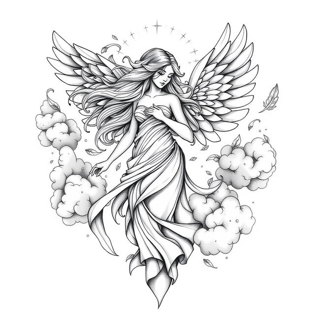 A beautifully intricate tattoo design featuring the goddess of the air, depicted as a majestic female figure with flowing hair and ethereal wings