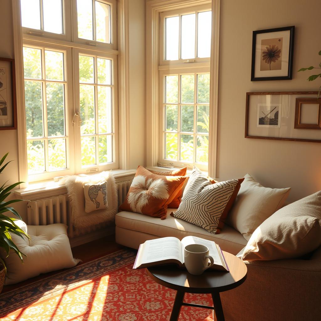 A cozy and inviting indoor space with warm sunlight streaming through the window, illuminating a comfortable seating area filled with plush pillows and a beautifully patterned rug