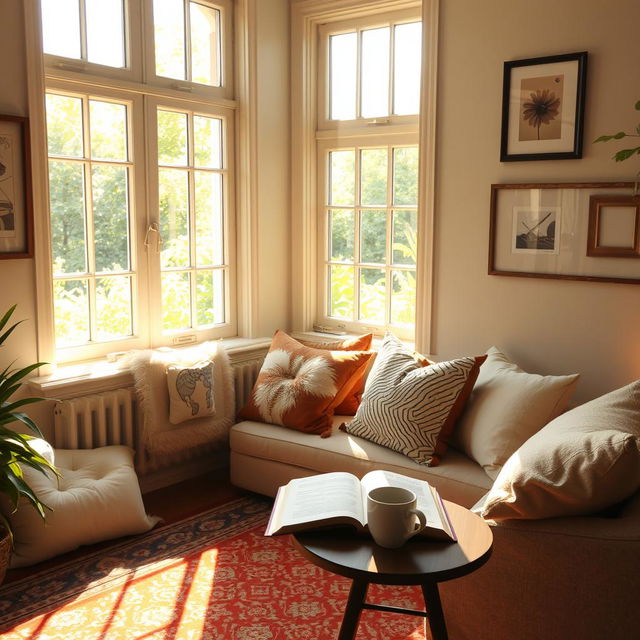 A cozy and inviting indoor space with warm sunlight streaming through the window, illuminating a comfortable seating area filled with plush pillows and a beautifully patterned rug