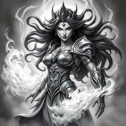 A powerful and fierce goddess depicted in a dynamic pose, surrounded by swirling clouds and ethereal light, symbolizing strength and divinity