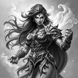 A powerful and fierce goddess depicted in a dynamic pose, surrounded by swirling clouds and ethereal light, symbolizing strength and divinity