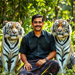 A man wearing a black shirt and Indonesian batik sarong is sitting serenely among three tiger stripes, two of which are white and one is black