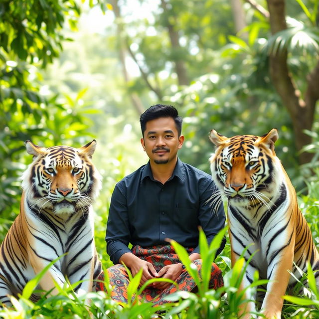 A man wearing a black shirt and Indonesian batik sarong is sitting serenely among three tiger stripes, two of which are white and one is black