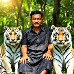 A man wearing a black shirt and Indonesian batik sarong is sitting serenely among three tiger stripes, two of which are white and one is black