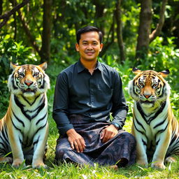 A man wearing a black shirt and Indonesian batik sarong is sitting serenely among three tiger stripes, two of which are white and one is black