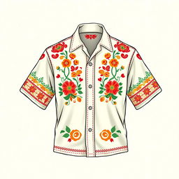 A detailed design of a Mexican (gicana) shirt featuring traditional patterns and vibrant colors