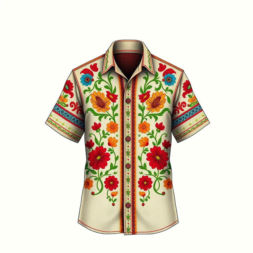 A detailed design of a Mexican (gicana) shirt featuring traditional patterns and vibrant colors