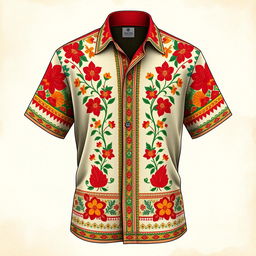 A detailed design of a Mexican (gicana) shirt featuring traditional patterns and vibrant colors