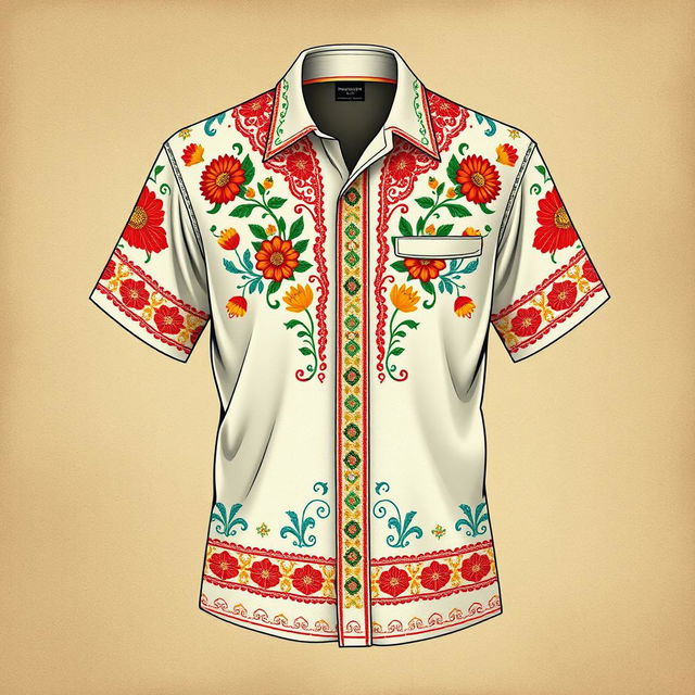 A detailed design of a Mexican (gicana) shirt featuring traditional patterns and vibrant colors