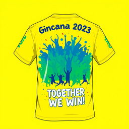 A vibrant t-shirt design for a competitive gincana event, featuring colorful graphics inspired by teamwork and sportsmanship