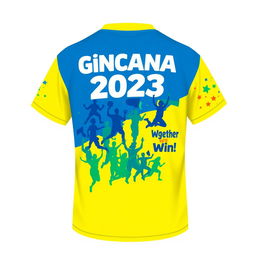A vibrant t-shirt design for a competitive gincana event, featuring colorful graphics inspired by teamwork and sportsmanship