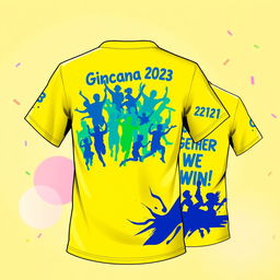 A vibrant t-shirt design for a competitive gincana event, featuring colorful graphics inspired by teamwork and sportsmanship