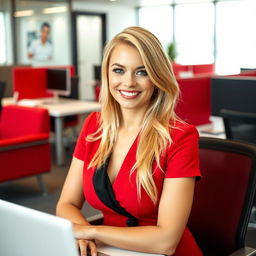 A beautiful, smiling blonde secretary, elegantly dressed in a mix of red and black attire, seated in a modern office environment