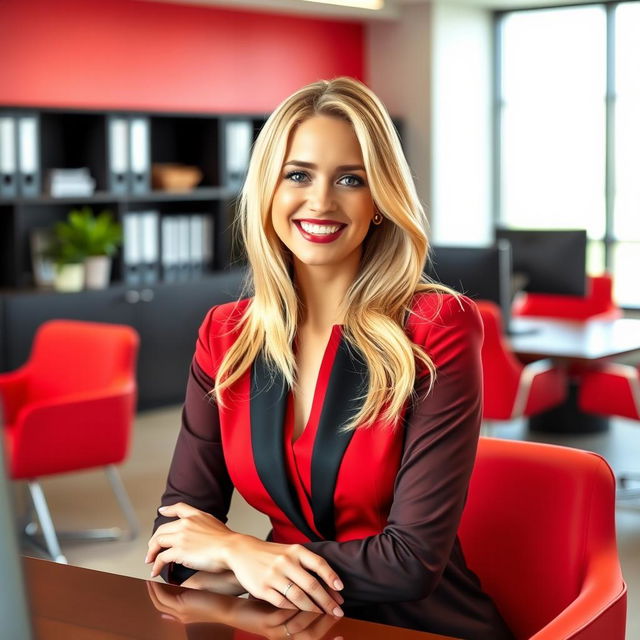 A beautiful, smiling blonde secretary, elegantly dressed in a mix of red and black attire, seated in a modern office environment