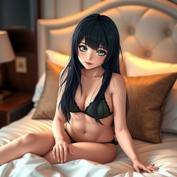 A long black-haired girl with striking emerald green eyes, lounging on a luxurious bed