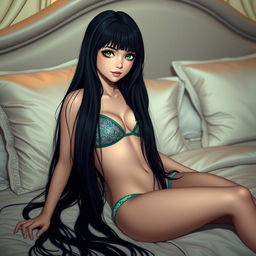 A long black-haired girl with striking emerald green eyes, lounging on a luxurious bed