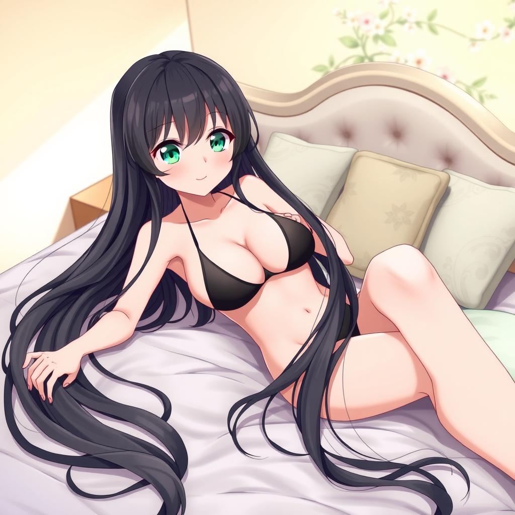 A long black haired anime girl with striking emerald green eyes, lounging on a neatly made bed