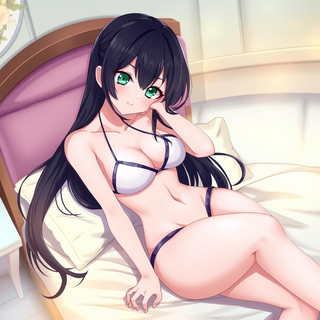 A long black haired anime girl with striking emerald green eyes, lounging on a neatly made bed