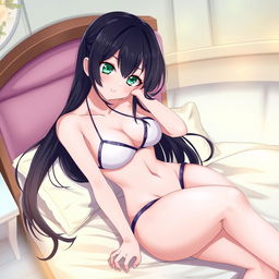 A long black haired anime girl with striking emerald green eyes, lounging on a neatly made bed