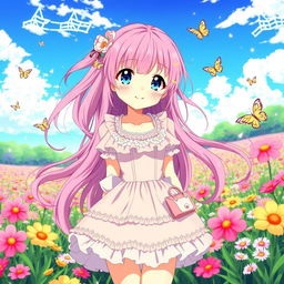 An anime girl with long, flowing pink hair and bright blue eyes, wearing a whimsical pastel-colored dress adorned with lace and frills