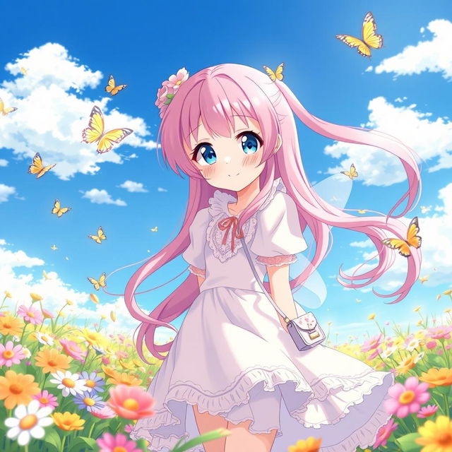 An anime girl with long, flowing pink hair and bright blue eyes, wearing a whimsical pastel-colored dress adorned with lace and frills