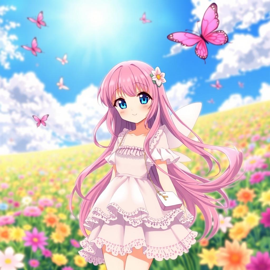 An anime girl with long, flowing pink hair and bright blue eyes, wearing a whimsical pastel-colored dress adorned with lace and frills