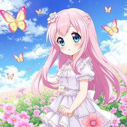 An anime girl with long, flowing pink hair and bright blue eyes, wearing a whimsical pastel-colored dress adorned with lace and frills
