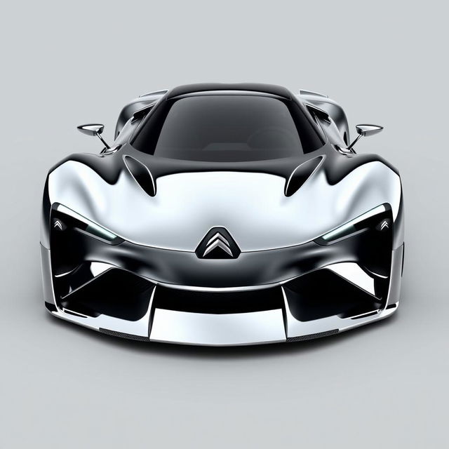 A 3D rendering of a CITROËN hypercar featuring a sleek and aerodynamic body made of very shiny chrome