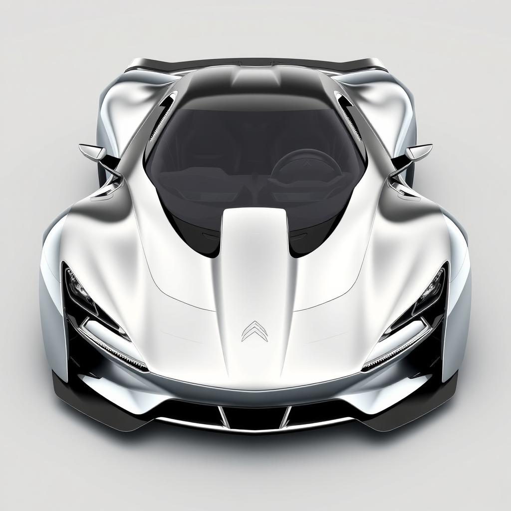 A 3D rendering of a CITROËN hypercar featuring a sleek and aerodynamic body made of very shiny chrome