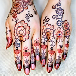 A close-up view of hands adorned with intricate Mehndi (henna) designs, showcasing a blend of floral and geometric patterns that look exquisitely realistic