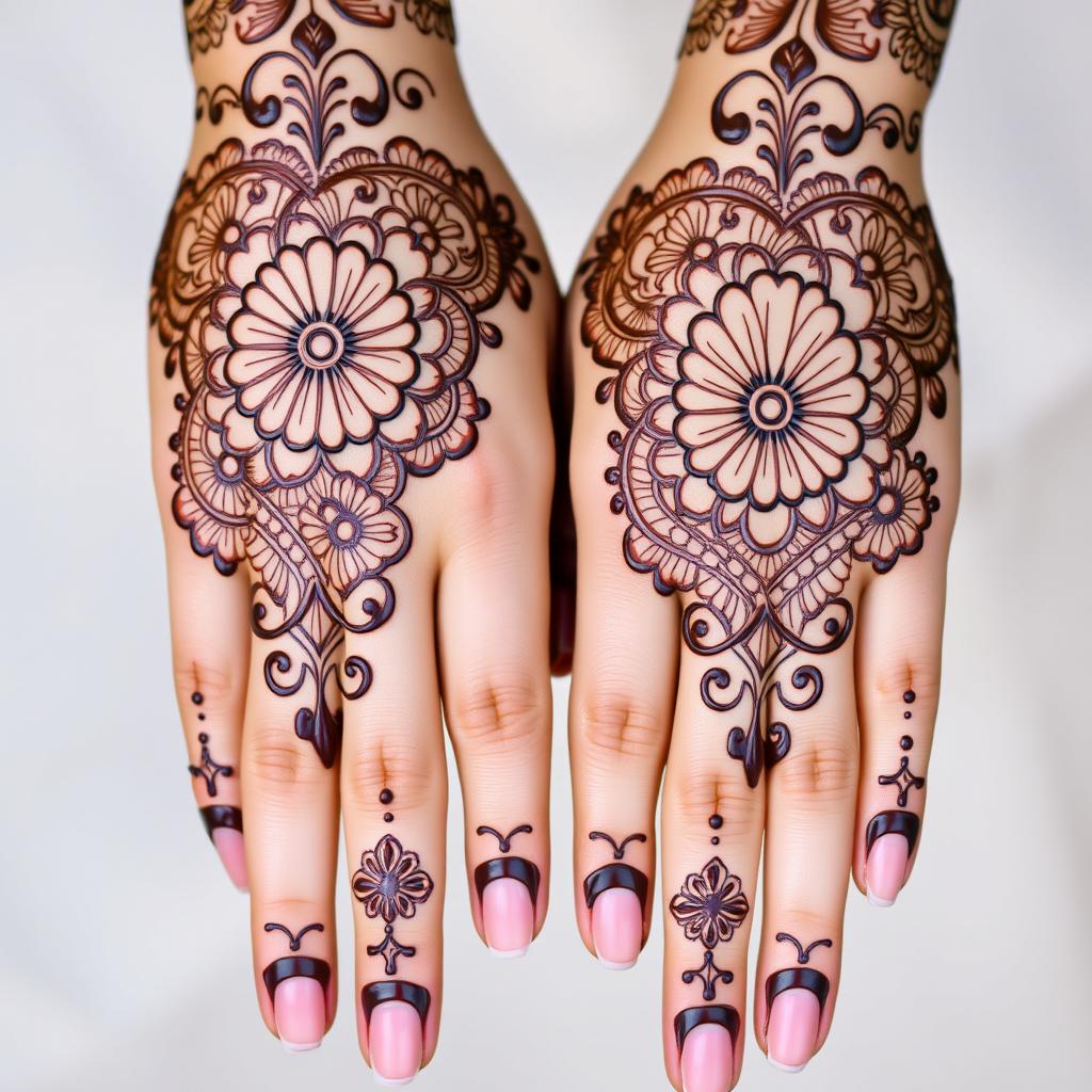 A close-up view of hands adorned with intricate Mehndi (henna) designs, showcasing a blend of floral and geometric patterns that look exquisitely realistic