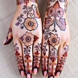 A close-up view of hands adorned with intricate Mehndi (henna) designs, showcasing a blend of floral and geometric patterns that look exquisitely realistic