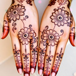 A close-up view of hands adorned with intricate Mehndi (henna) designs, showcasing a blend of floral and geometric patterns that look exquisitely realistic