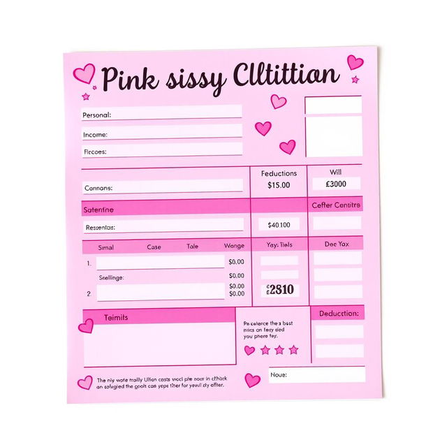 A fun and quirky design for a pink sissy clitty tax statement, featuring a bright pink color scheme with playful embellishments