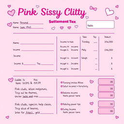 A fun and quirky design for a pink sissy clitty tax statement, featuring a bright pink color scheme with playful embellishments