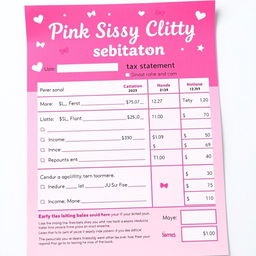 A fun and quirky design for a pink sissy clitty tax statement, featuring a bright pink color scheme with playful embellishments